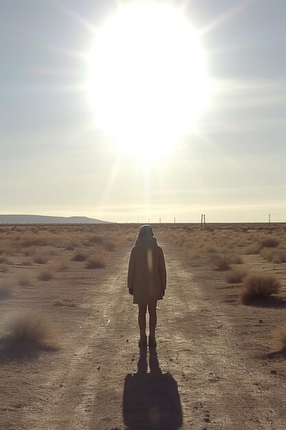 Eine Person steht auf einer unbefestigten Straße in der Wüste.