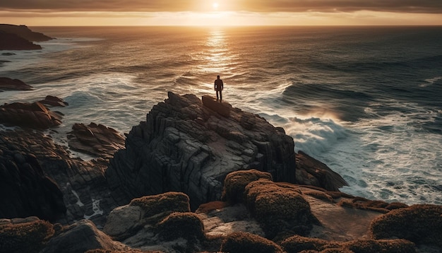 Eine Person steht bei Sonnenuntergang auf einer Klippe mit Blick auf das Meer.