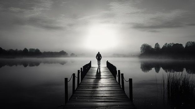 Eine Person steht im Nebel auf einem Steg und blickt auf einen See.