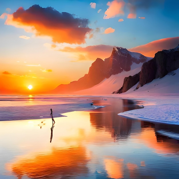 Eine Person steht im Wasser, im Hintergrund ist ein Sonnenuntergang zu sehen.