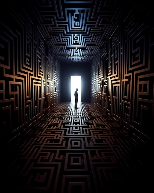 Eine Person steht in einem dunklen Flur mit offener Tür