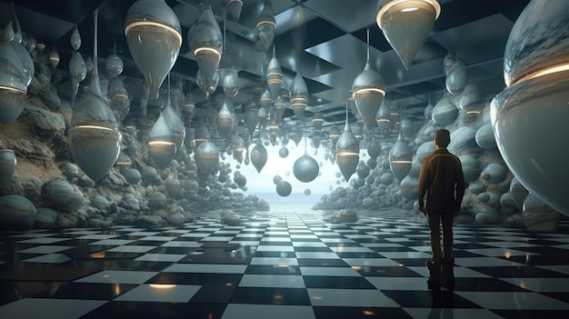 Eine Person steht in einem Raum mit Lichtern. Generative KI-Kunst