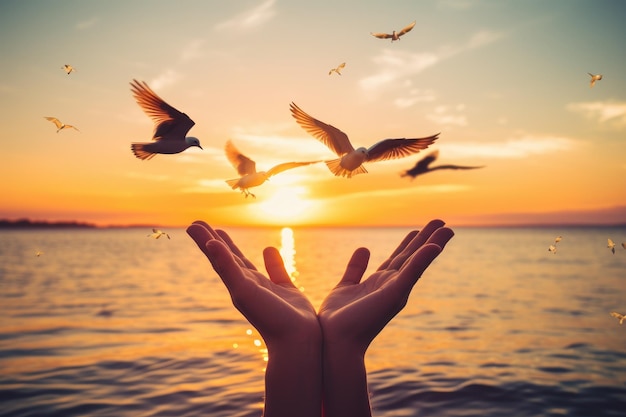 Foto eine person steht mit ausgestreckten armen da und lädt vögel ein, während sie anmutig über dem glitzernden wasser schweben. hände öffnen sich mit den handflächen nach oben, um anzubeten, während vögel über ruhiges wasser fliegen, sonnenuntergangshintergrund, ki-generiert