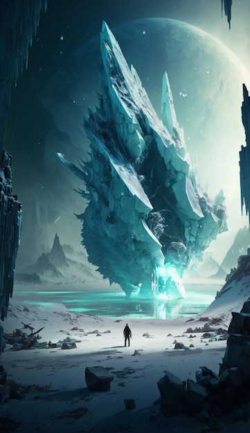 Eine Person steht vor einem großen Eisberg mit einem großen Eisberg im Hintergrund.