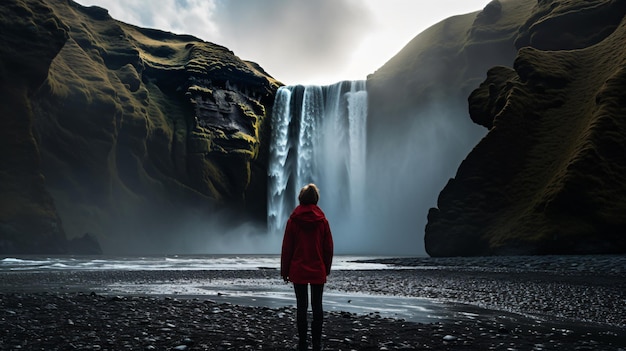 Eine Person steht vor einem Wasserfall