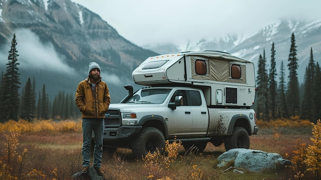 Eine Person steht vor seinem Pickup und Camper