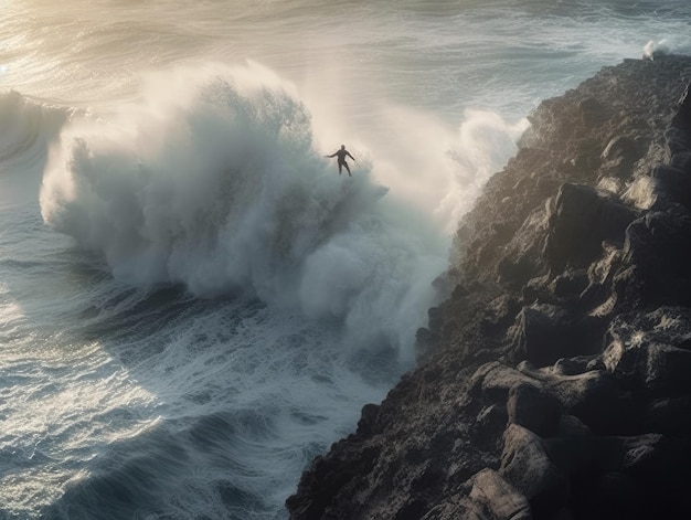 Eine Person surft auf einer Welle, die bricht.