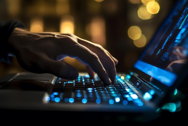 Eine Person tippt auf einem Laptop mit beleuchteter Tastatur