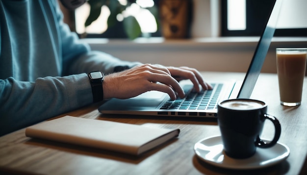 Eine Person tippt auf einem Laptop mit einer Tasse Kaffee im Hintergrund.