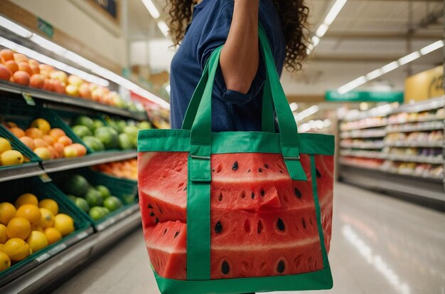 Foto eine person trägt eine tasche mit dem thema wassermelone am