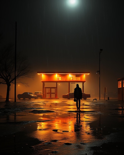 eine Person trägt einen Regenschirm, während sie nachts an der Tankstelle spazieren geht