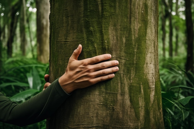 Eine Person umarmt einen Baum im Wald