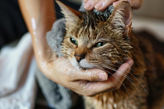 Eine Person wäscht eine Katze mit einem Haartrockner