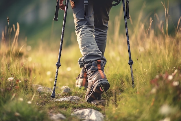 Eine Person wandert mit Trekkingstöcken in den Bergen