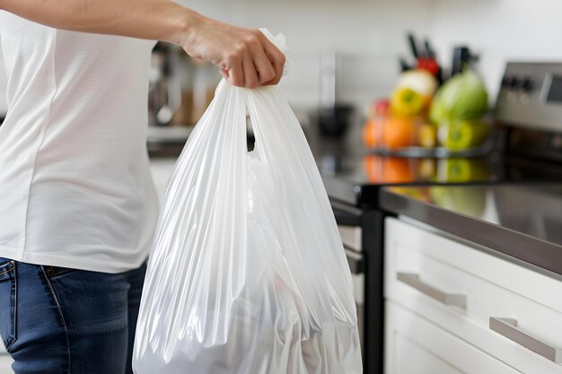 Eine Person wirft einen Müllbeutel in den Küchenmüllkorb Konzept Umweltschutz Haushaltsabfälle Recycling Nachhaltigkeit Abfallwirtschaft