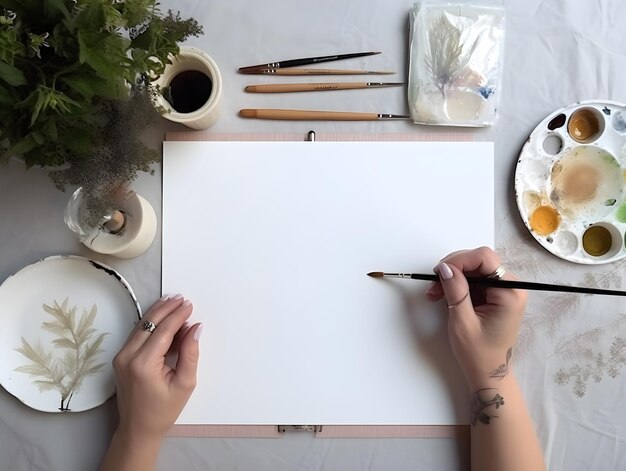 Eine Person zeichnet mit Pinsel und Farbe ein Bild auf einem Tisch