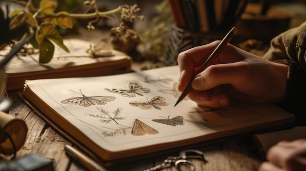 Eine Person zeichnet Schmetterlinge in einem Notizbuch mit natürlichem Licht