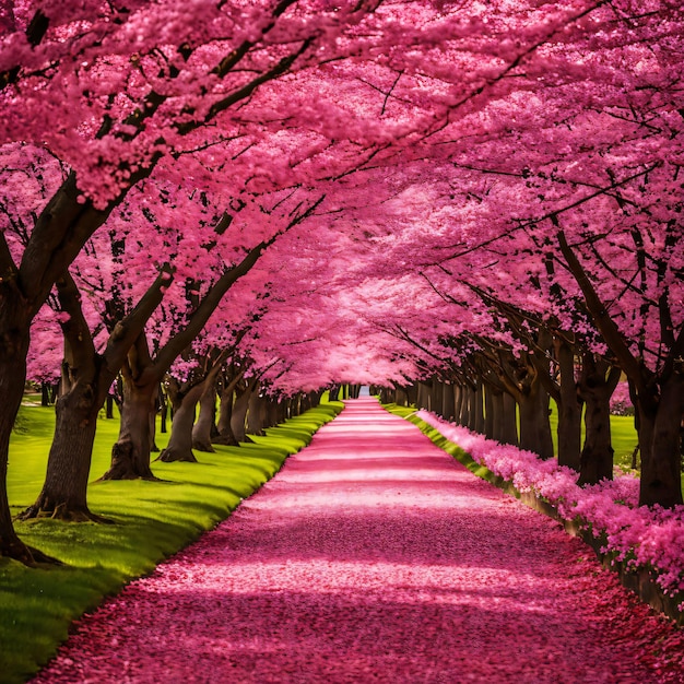 Foto eine perspektive auf einen von kirschblüten gesäumten pfad in voller lebendiger rosa