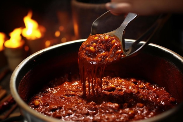 Eine Pfanne Chili mit einem Holzlöffel wird zum Kochen einer Mahlzeit verwendet.