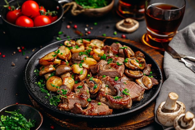 eine Pfanne Fleisch mit Pilzen und Tomaten