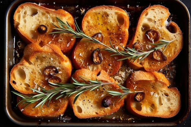 Foto eine pfanne mit brotscheiben mit oliven, rosmarin und salz