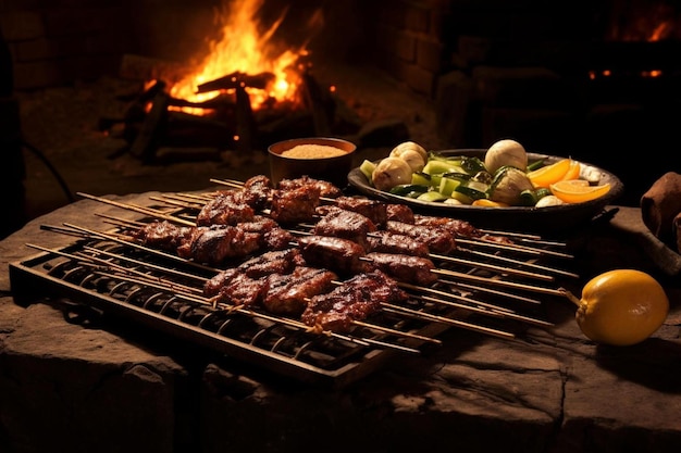 eine Pfanne mit Fleisch, Gemüse und Fleisch kocht auf einem Grill.