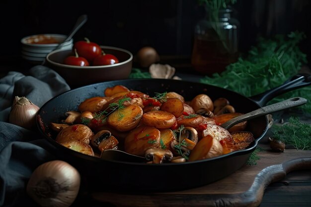 Eine Pfanne mit Gemüse mit einem Löffel darin