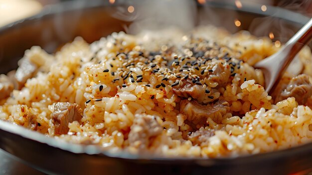 Eine Pfanne mit gewürztem Reis und Fleisch mit einem Holzlöffel