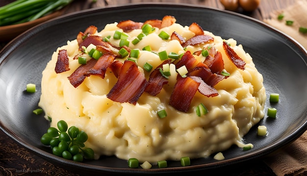 eine Pfanne mit Kartoffelpüree mit Speck und Zwiebeln auf einem Tisch