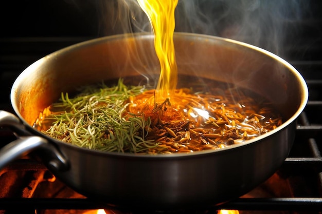 eine Pfanne mit Reis und Bohnen, die auf dem Herd kochen.