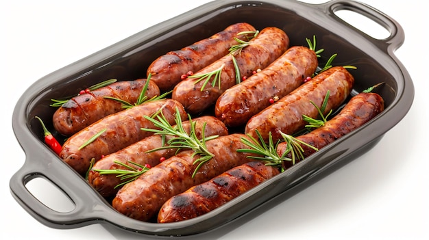 eine Pfanne mit Wurst mit einem grünen Zweig Rosmarin oben