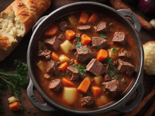 eine Pfanne Rindereintopf mit Gemüse und Brot.