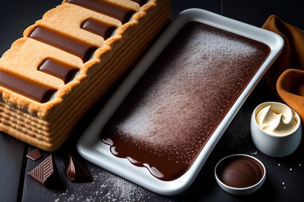 Eine Pfanne Schokoladenwaffeln und eine Tasse Kaffee