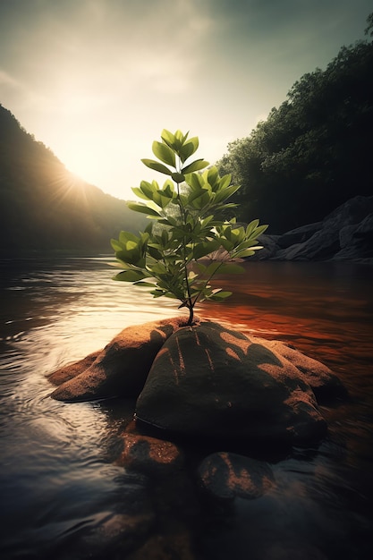 Eine Pflanze, die auf einem Felsen in einem Fluss wächst