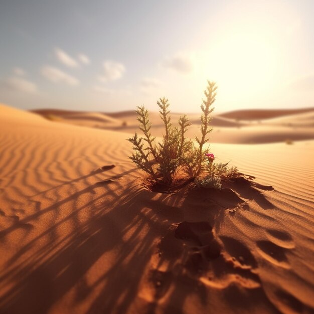 eine Pflanze, die aus dem Sand in der Wüste wächst.