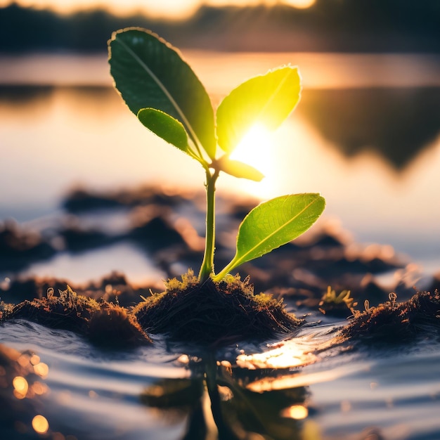 Eine Pflanze, die im Sand wächst und von der Sonne beschienen wird