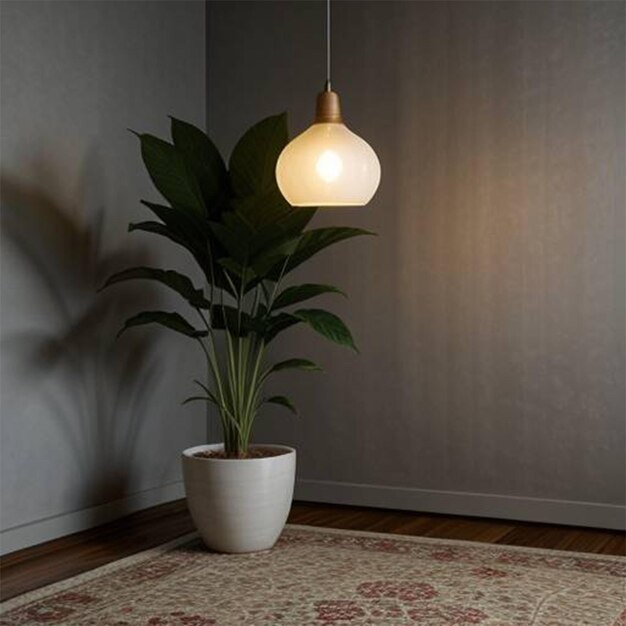 eine Pflanze hängt an einer Deckenlampe in einem Raum