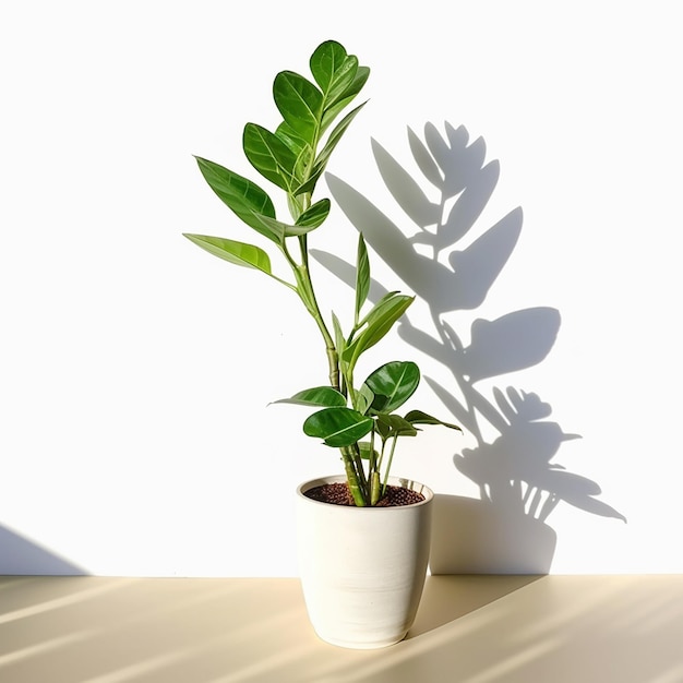 Eine Pflanze in einem Topf mit dem Schatten einer Pflanze an der Wand.