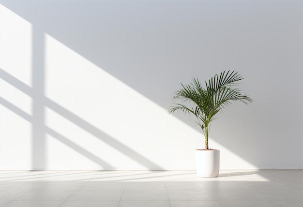 eine Pflanze in einem weißen Topf mit einem Schatten an der Wand.