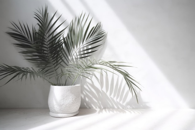 Eine Pflanze in einem weißen Topf mit einem Schatten einer Palme an der Wand.