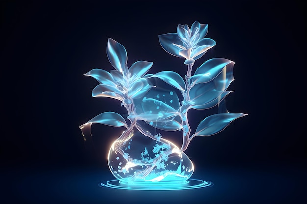 Eine Pflanze in einer Glasvase mit blauen Lichtern