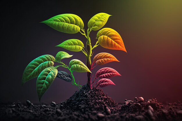 Eine Pflanze mit bunten Blättern inmitten eines dunklen Hintergrunds, Wachstumskonzept
