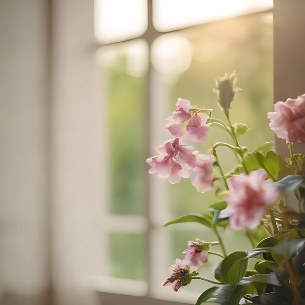 eine Pflanze mit rosa Blüten vor einem Fenster