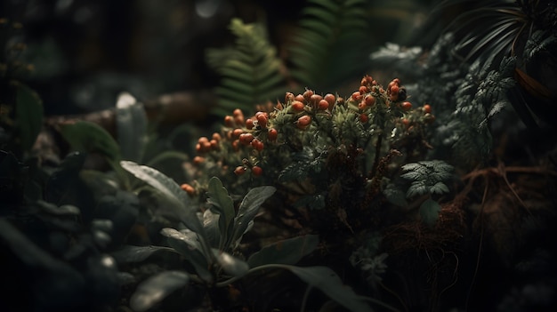 Eine Pflanze mit roten Beeren mitten im Wald