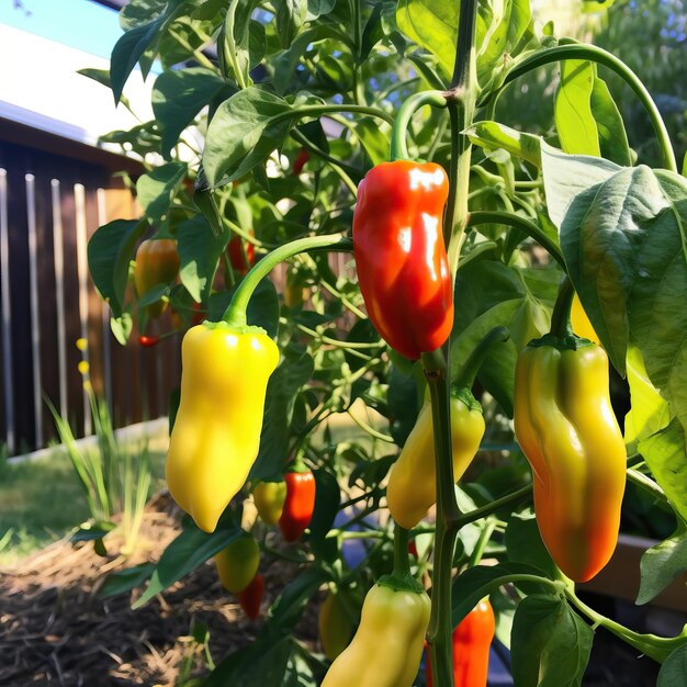 Foto eine pflanze mit roten und gelben paprika, die in einem garten wächst