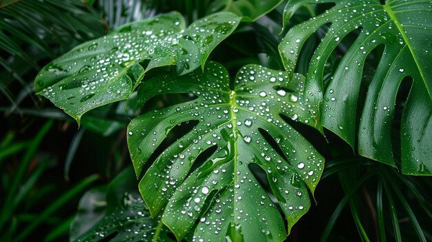 Foto eine pflanze mit wassertropfen darauf und ein grünes blatt mit wassertröpfchen darauf