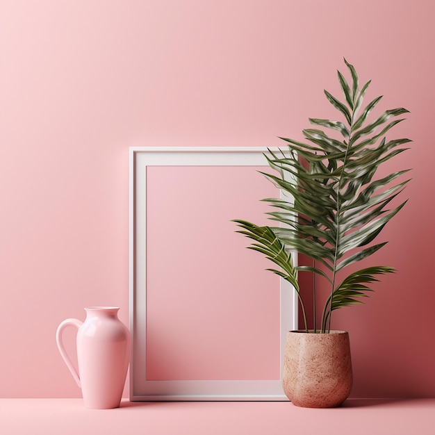Eine Pflanze steht vor einem Spiegel und einer rosa Wand.