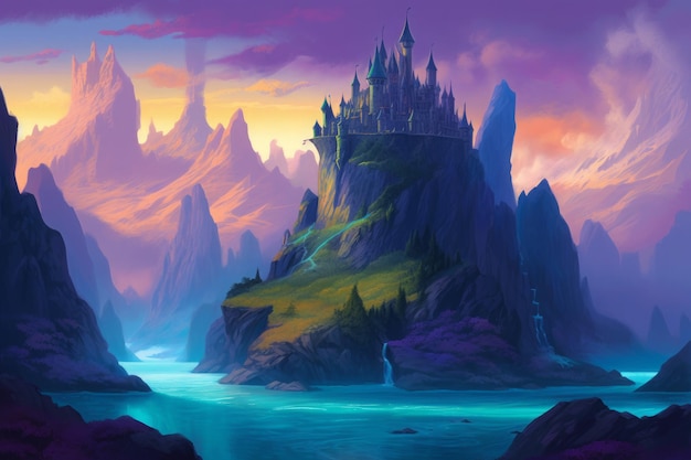Eine phantastische felsige Landschaft mit einer dieser Burgen im Stil von gesättigten Farbfeldern Generative KI