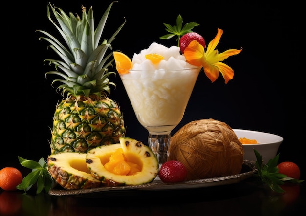 Eine Pina Colada gepaart mit einer Platte mit frischen tropischen Früchten, die ihre fruchtigen Aromen hervorheben