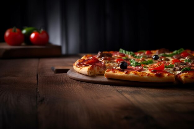 Eine Pizza auf einem Holztisch mit einer roten Tomate darauf